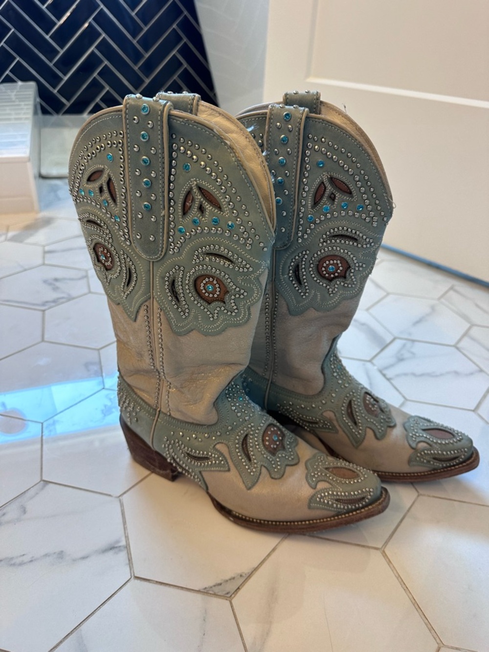 J.B. Dillon Cream and Turquoise Western Boots